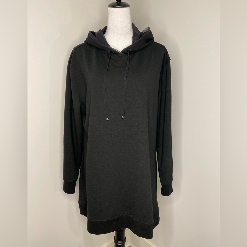 Victoria Sport Hooded Dress/Top, Black, Open Back. Hoodie with tie string.